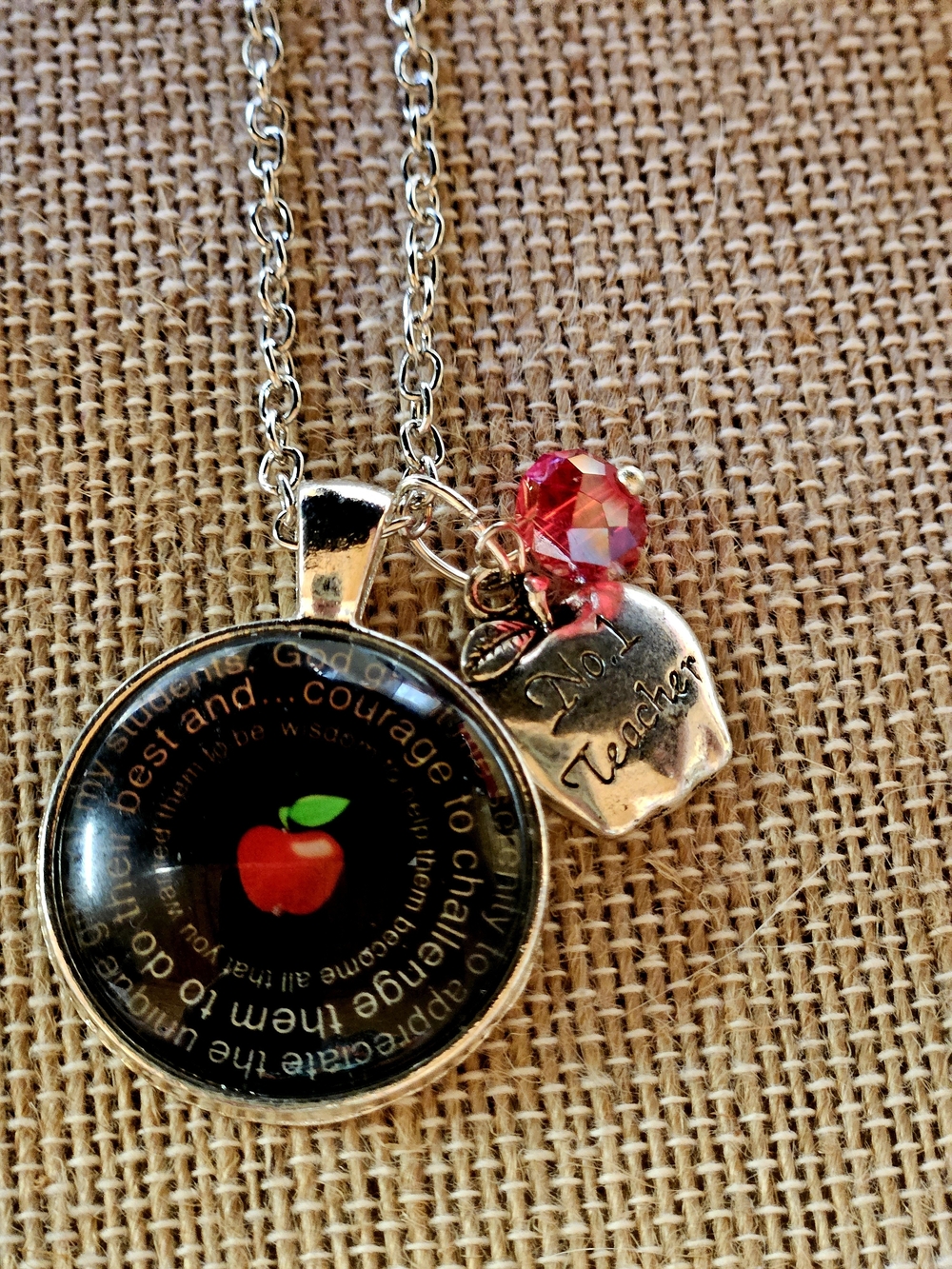 Red Apple Teacher Charm Necklace - Red & Silver